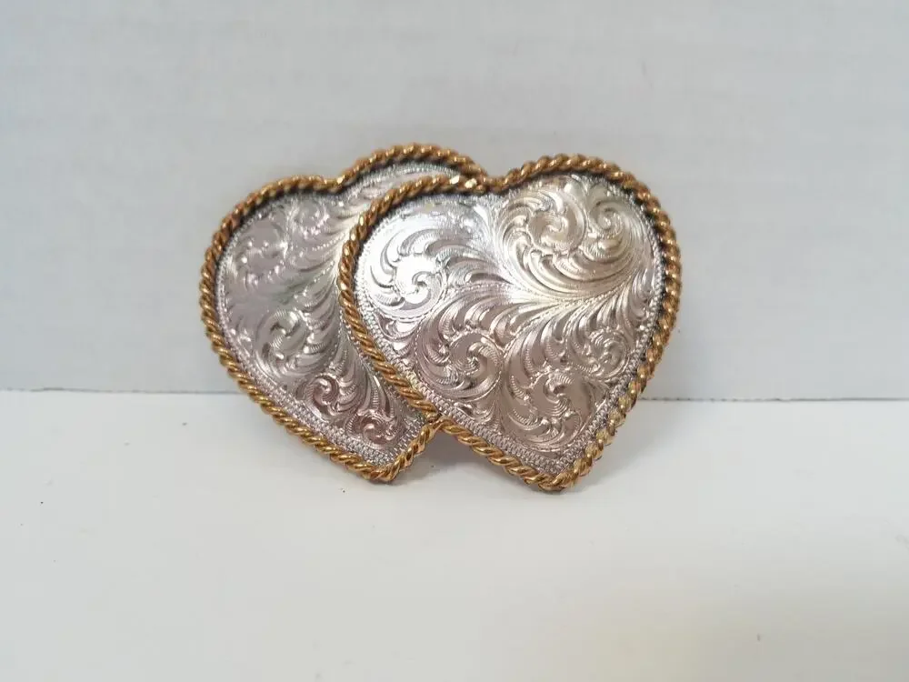 Montana Silversmiths Silver Gold Ornate Filigree Double Heart Buckle Vintage